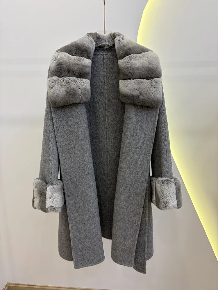 Autumn Winter Real Fur Coat Jacket Women Natural Rex Rabbit Fur Collar Cashmere Wool Woolen Outerwear Mid-length Female Coat