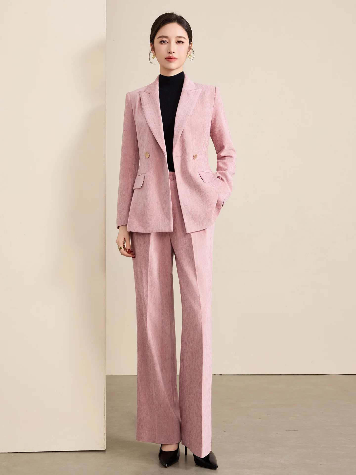 

Pink Suit Wide Leg Pants Set Women's Ele Slimming Two Piece Set Winter New Sle High Waist Button up Commute Faion