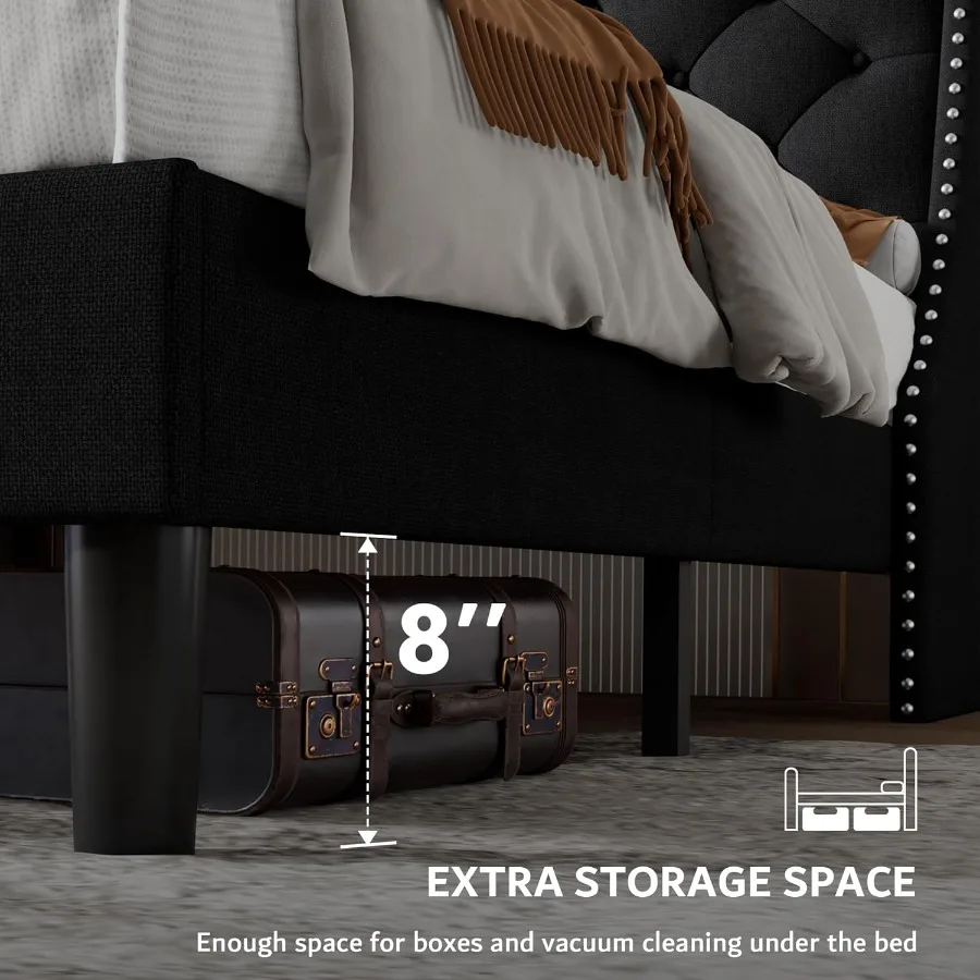 إطار سرير كوين مع تصميم مريح بظهر مجنح ومحطة شحن مدمجة وسرير بمنصة منجد تتميز بزر معنقدة #5