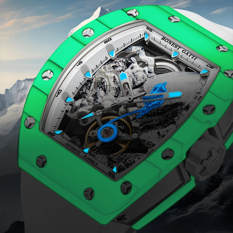 

BONEST GATTI Мужские автоматические часы 50 мм Tonneau Механические наручные часы Сапфировый светящийся безель из углеродного волокна Альпинистский циферблат