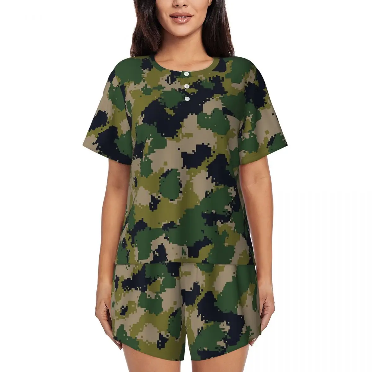 

Splintertarn German WW2 Camouflage Army Military Round Neck Short Sleeves Nightdress for Sleeping Women Pajama Set Short Pants