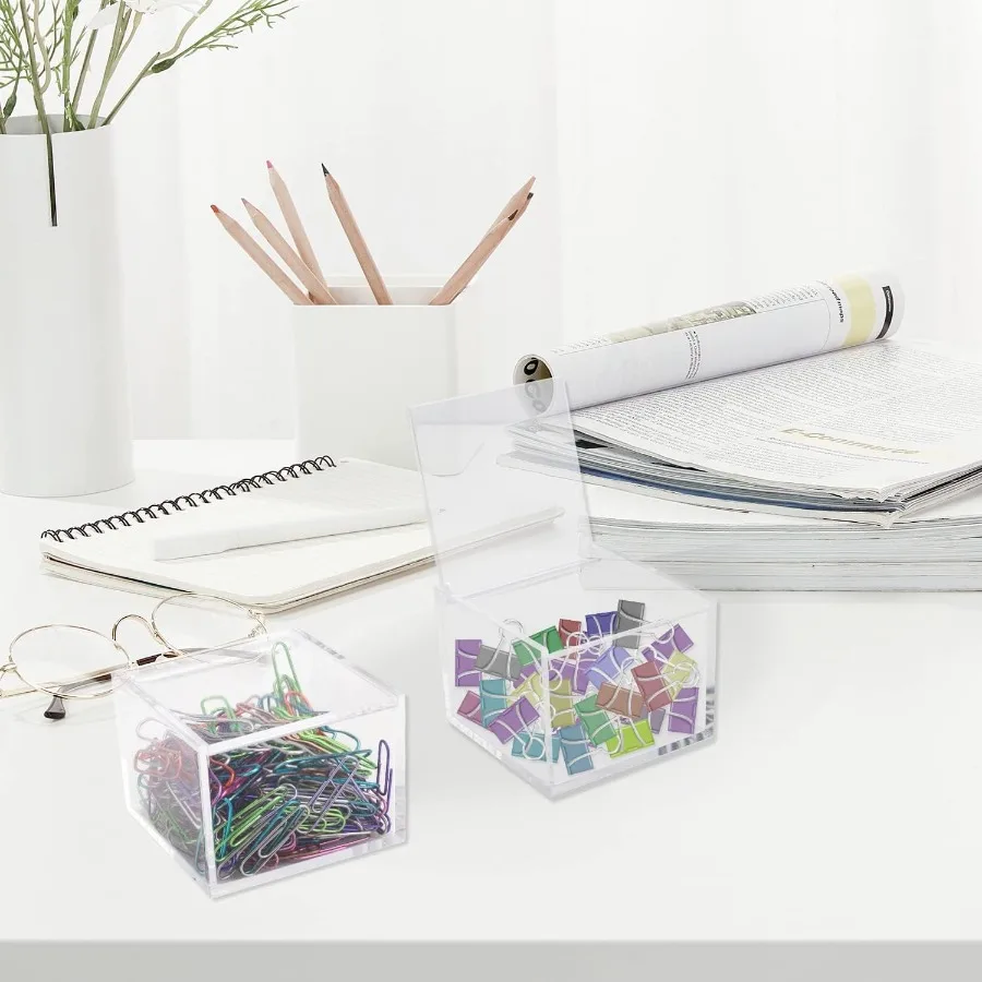 2個パック 小型透明アクリルオーガナイザー 蓋付き ペーパークリップ、付箋、綿棒、コットンボール、ヘアゴムホルダー アクリルボックス 家庭用