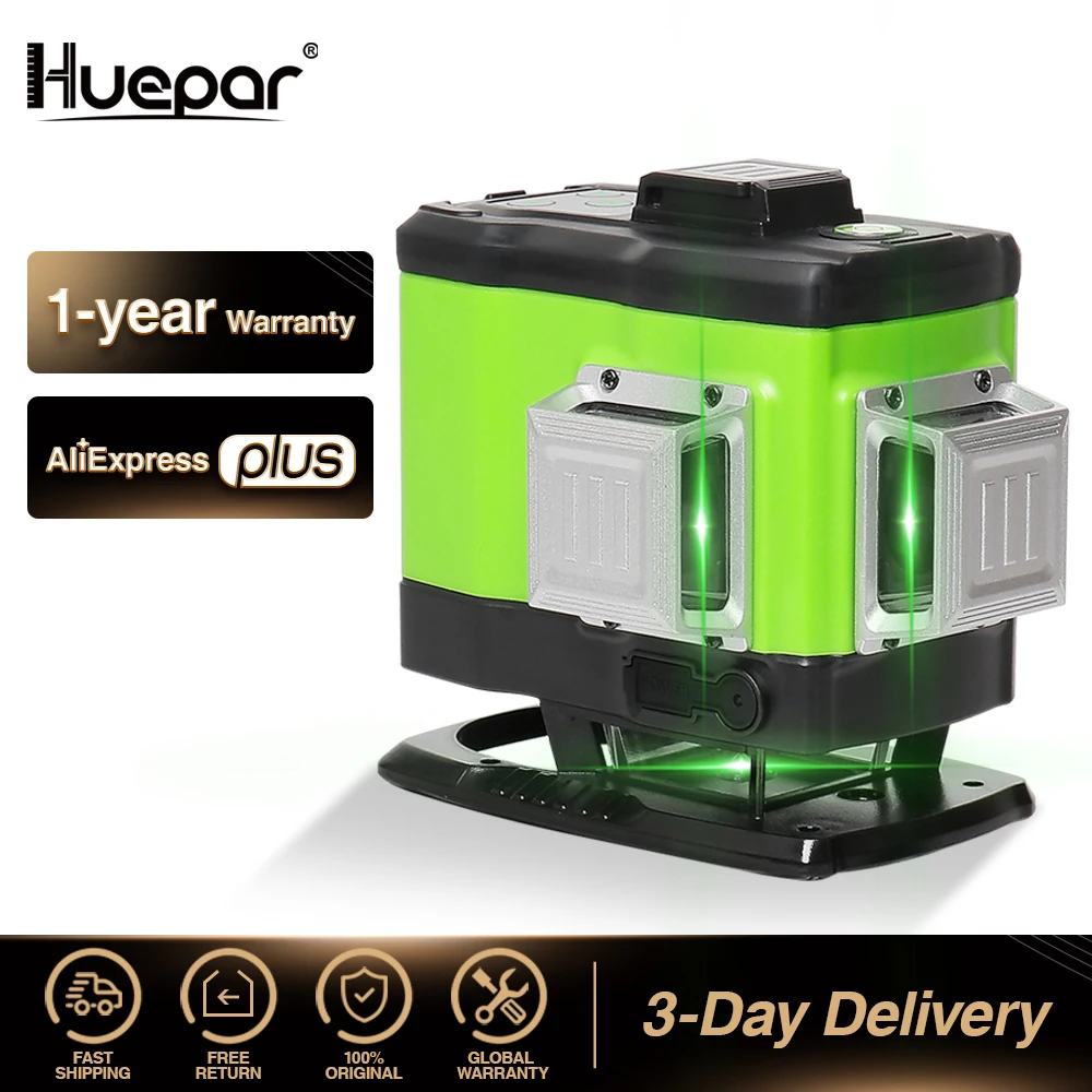 Huepar 3D Self-leveling Laser Level 3x360 Green Beam Cross Line 360° Vertical Horizontal Line Remote Control & Hard Carry Case