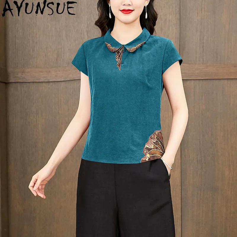 AYUNSUE 100% Mulberry Silk Women T Shirts Xiangyunsha Tops for Women Embroidered Polo Collar Summer Clothing 2026 New Ropa Mujer