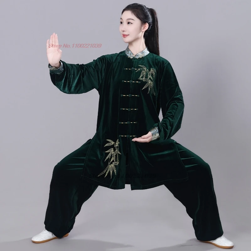 2026 chinese kung fu tai chi martial arts wushu uniform bamboo embroidery thickened velvet tops+pants set training exercise view 4