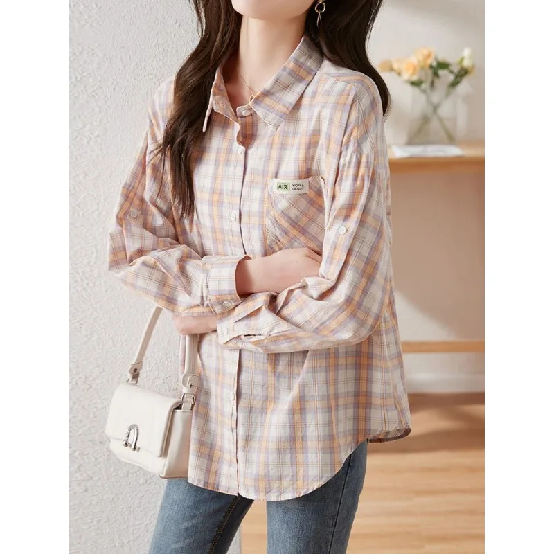 

Pure Cotton Plaid Shirt Women's Long-sleeved Hong Kong Style Literary Retro Top 2025 Spring Summer New Style Fashion Chic