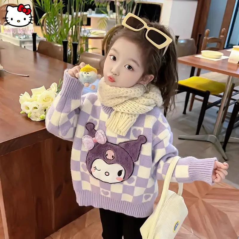 

Sanrio Cartoon Kuromi Checkered Sweater Stylish Casual Knitwear Sweatshirt Boys Girl Fashionable Autumn Winter Thickening Kawaii