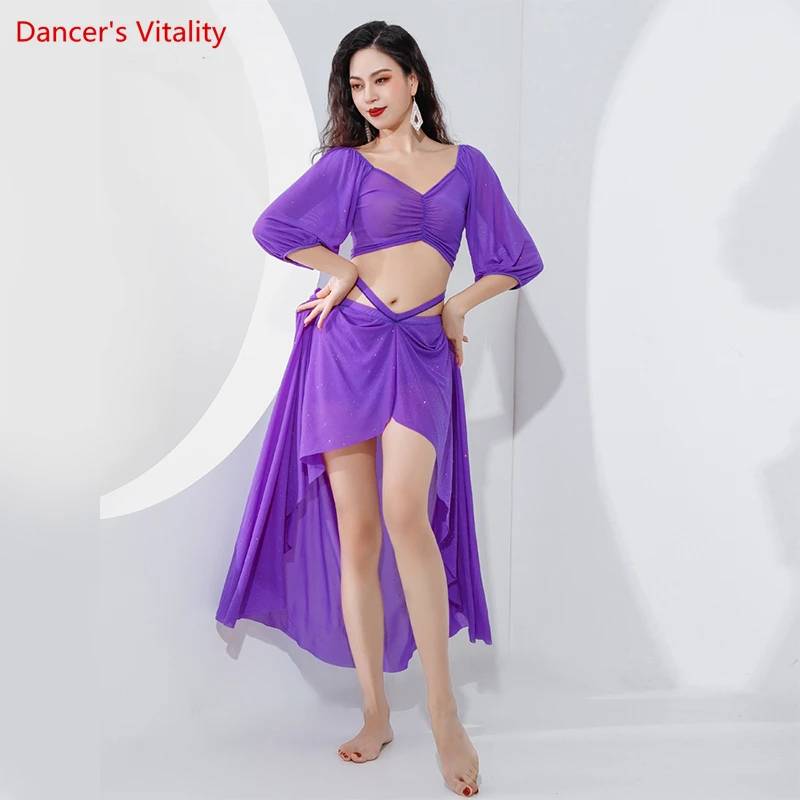 Belly Dance Professional Costume Set Mesh Half Sleeves Top+split Long Skirt 2pcs Female Oriental Dance Wear Belly Dance Suits