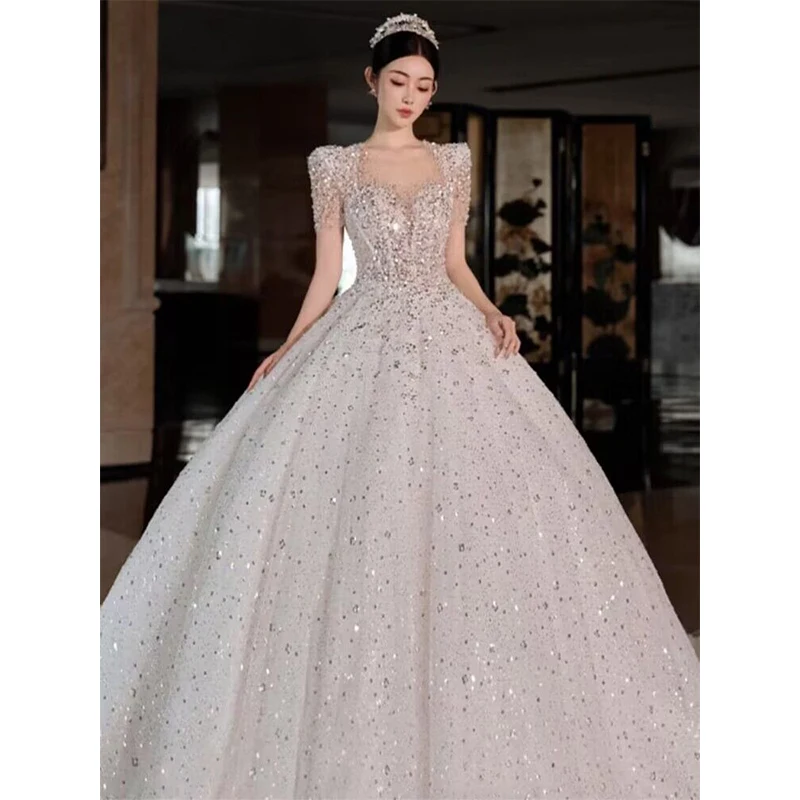 2024Simple Bridal Dress Sequin EmbellishmentNeck Floor-length Back Strap Sweep Train Princess Dress Vestido De Noiva Customized