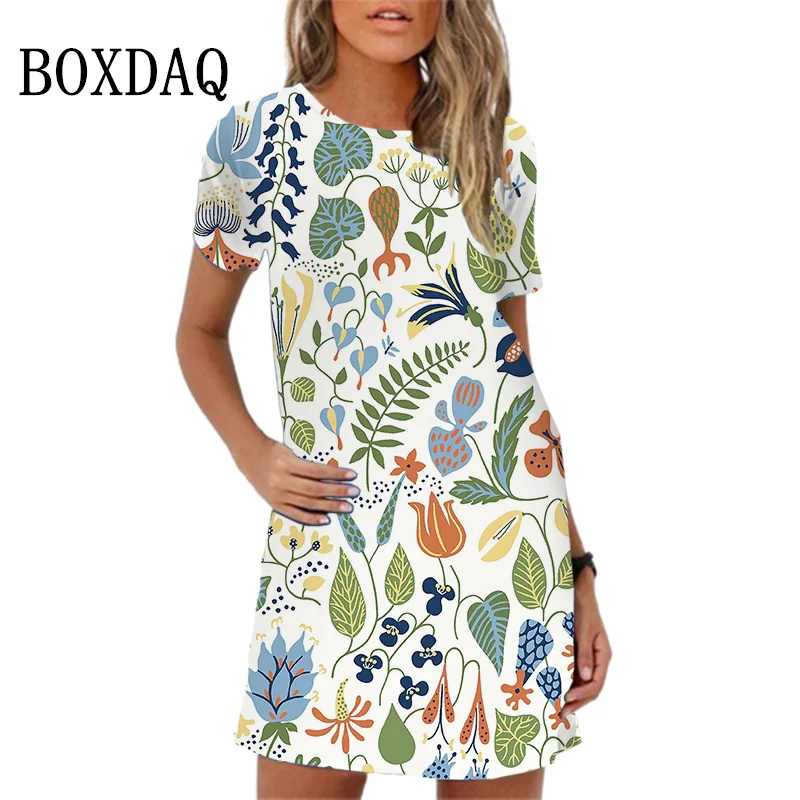 Floral Printing Women Dress New 2024 Summer Dress Elegant Short Sleeve O-Neck Loose Mini Dress Woman Clothing