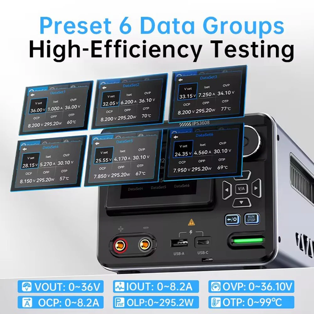 IPS3608 36V 8A Smart Lab Tool With Curve Display, USB-A And Type-C PD/QC Fast Charging, And Eight-Level Protection