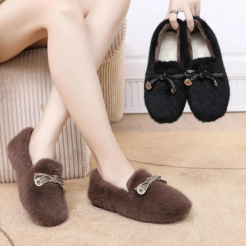 

Winter New Bow Tie Fashionable Women's Cotton Shoes Simple Comfortable Casual Warm Wear-resistant Versatile Flat Shoes