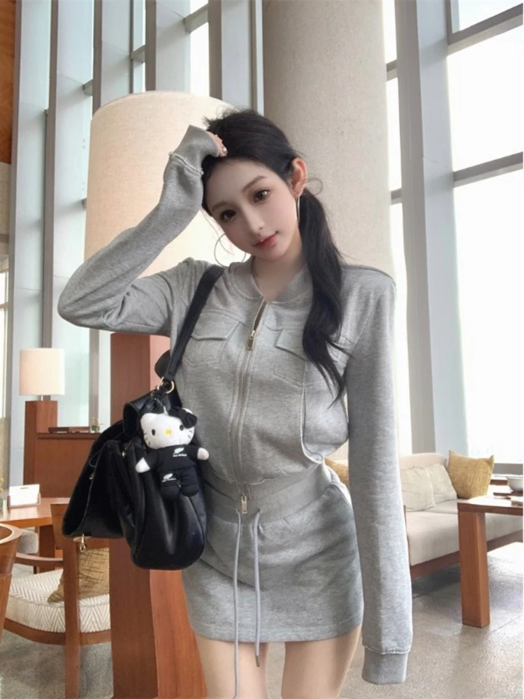 

Women's Grey Long Sleeve Hoodie Jacket Zipper Drawstring Skirt Two-Piece Set Spring Casual Style Slim Fit Commute Fashion