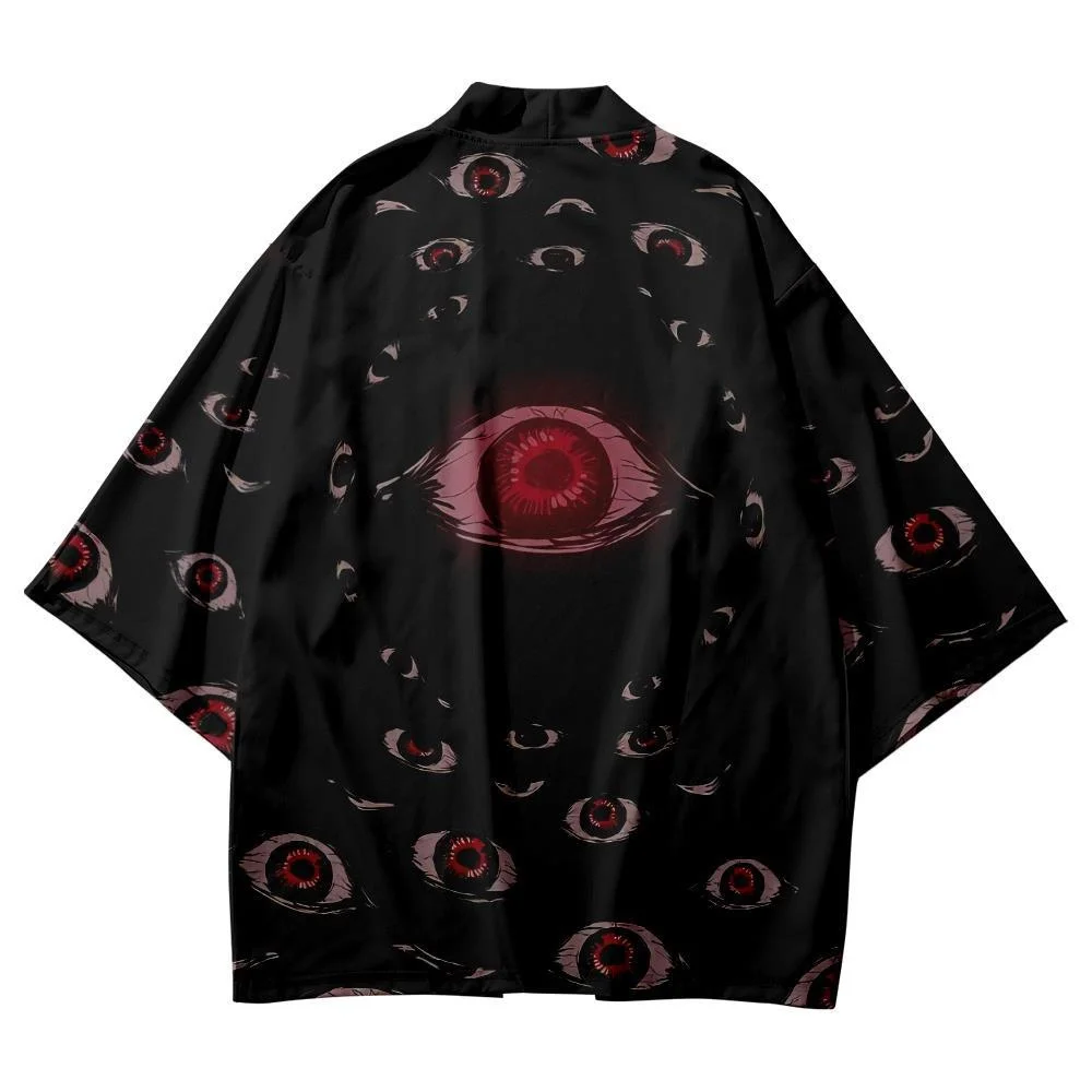 Estate coppia donna uomo Haori Yukata Streetwear Casual Cartoon Eye stampato Kimono nero pantaloncini da spiaggia Cardigan