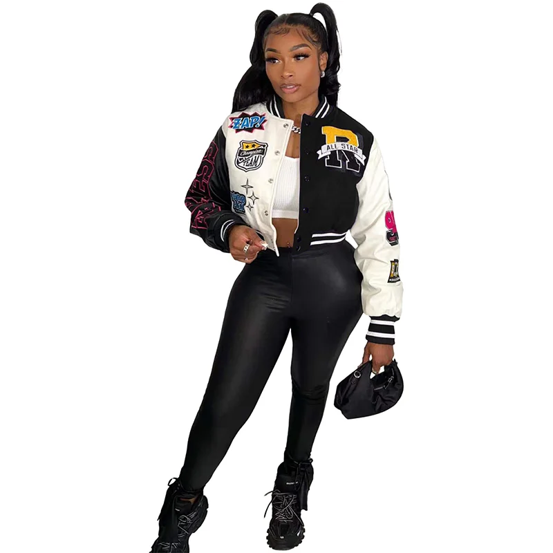 

Women‘s 2024 Varsity Jacket Fall Winter Print Patchwork Long Sleeve Buttons Streetwear Racing Bomber Jackets Top Y2k