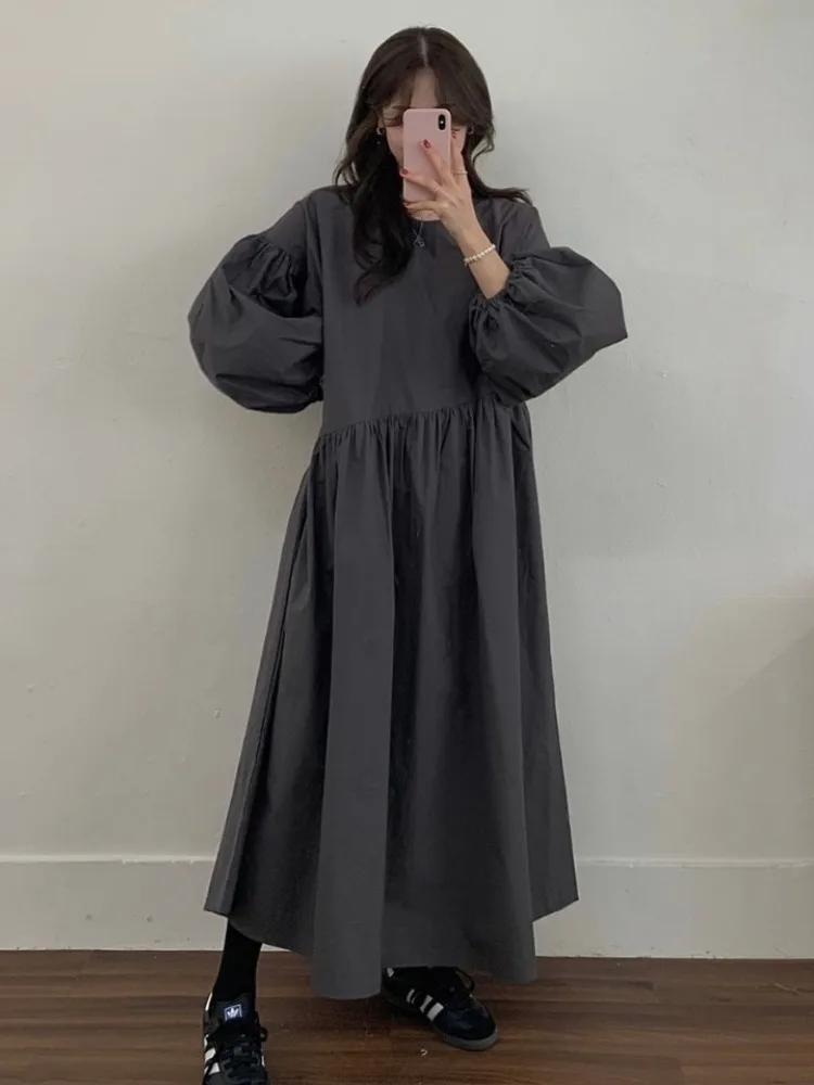 Laid-ba Sle Loose Long Dr Damen Chic Frühherbst Lantern Sve Faion A-Linien-Rock Neun-Punkt-Swe-Länge