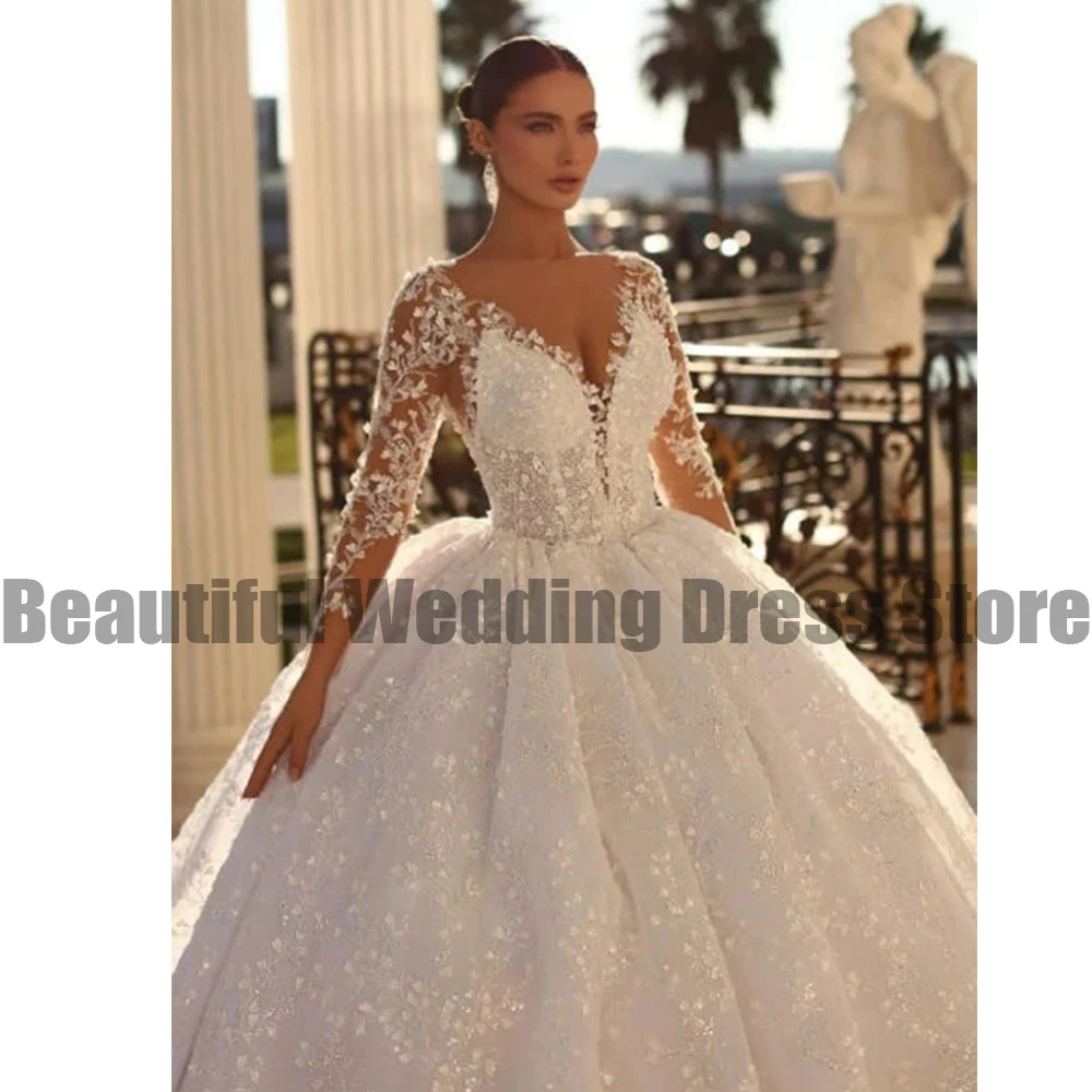 2023 Luxury Women's Wedding Dresses Lace V-Neck Long Sleeve Sparkling Bead String Lace Princess Bridal Gowns Formal Beach Party