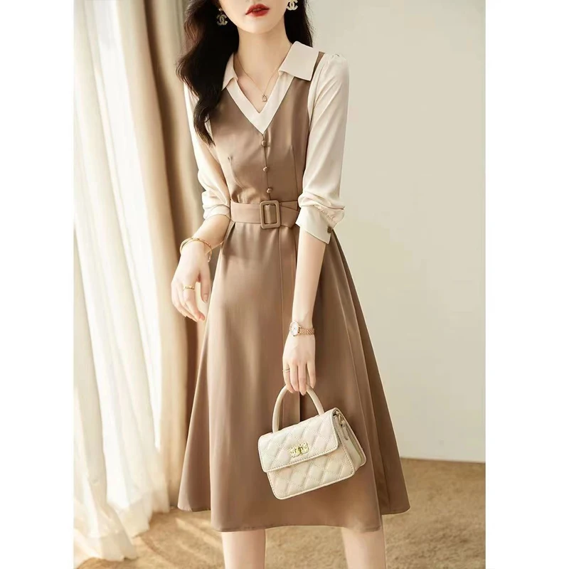 Spring Autumn New Contrast Color Fashion Long Sleeve Midi Dress Women High Street Button Lacing Patchwork Fake Two Pieces Dresse