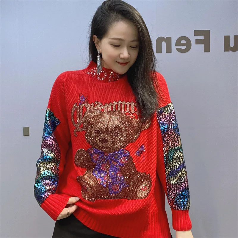 Turtleneck Sequined Long-Sleeved Knitted Top 2023 Autumn Winter Women\'s Clothing Loose Cartoon Hot Rhinestone Pullover Sweater