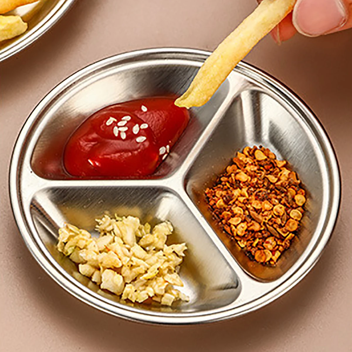 3pcs Silver Stainless Steel Fruit Snack Specialty Plates Round Divided Oil Spice Dipping Tray Small Dish Kitchen Seasoning Dish
