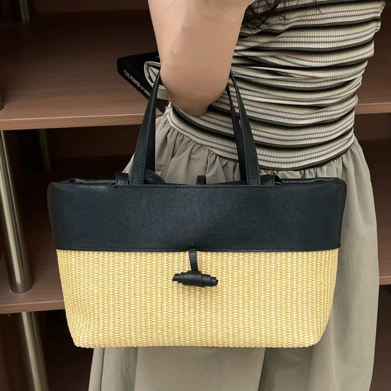 Genuine Leather With Straw Tote bag For Women Luxury Designer Handbags Purses 2026 New In Cowhide Handle Small Underarm Shoulder