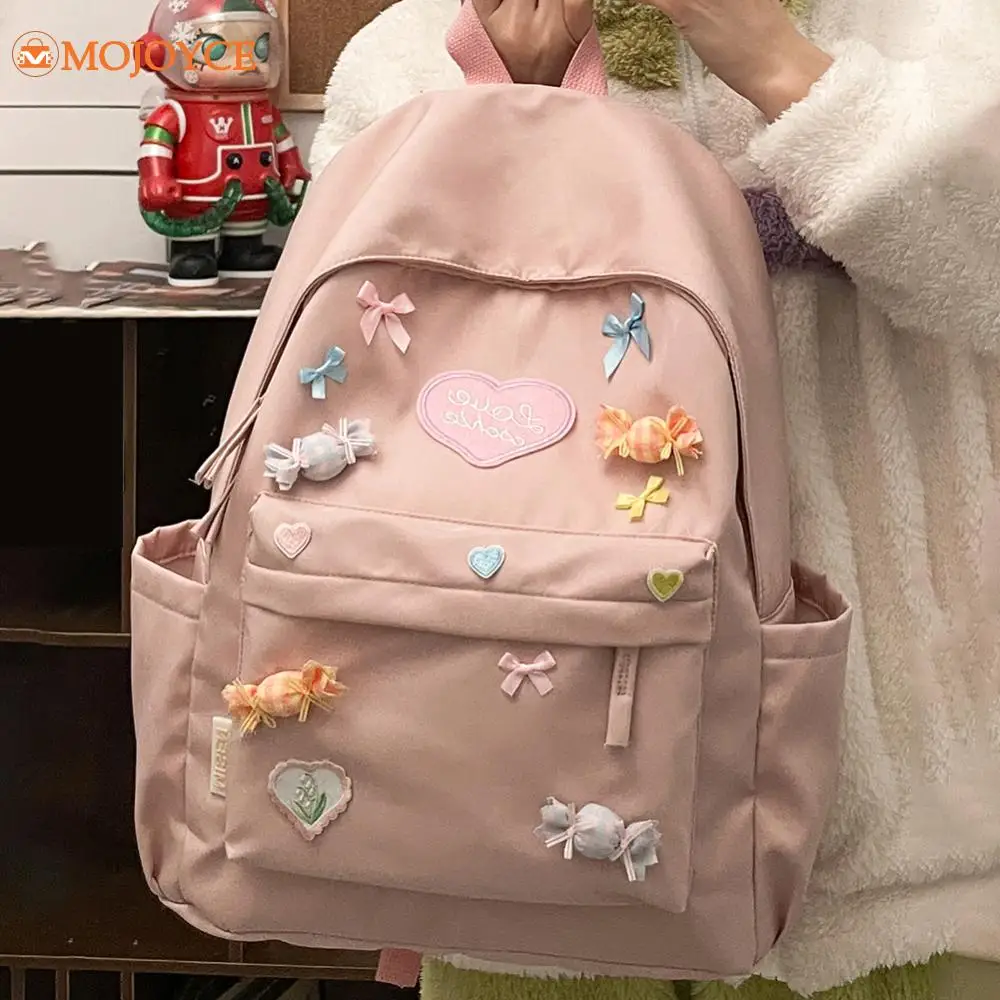 INS Fashion Backpack for Teenage Bow Heart Decor Sweet College School Bags Large Capacity Candy Color Student Aesthetic Bookbag