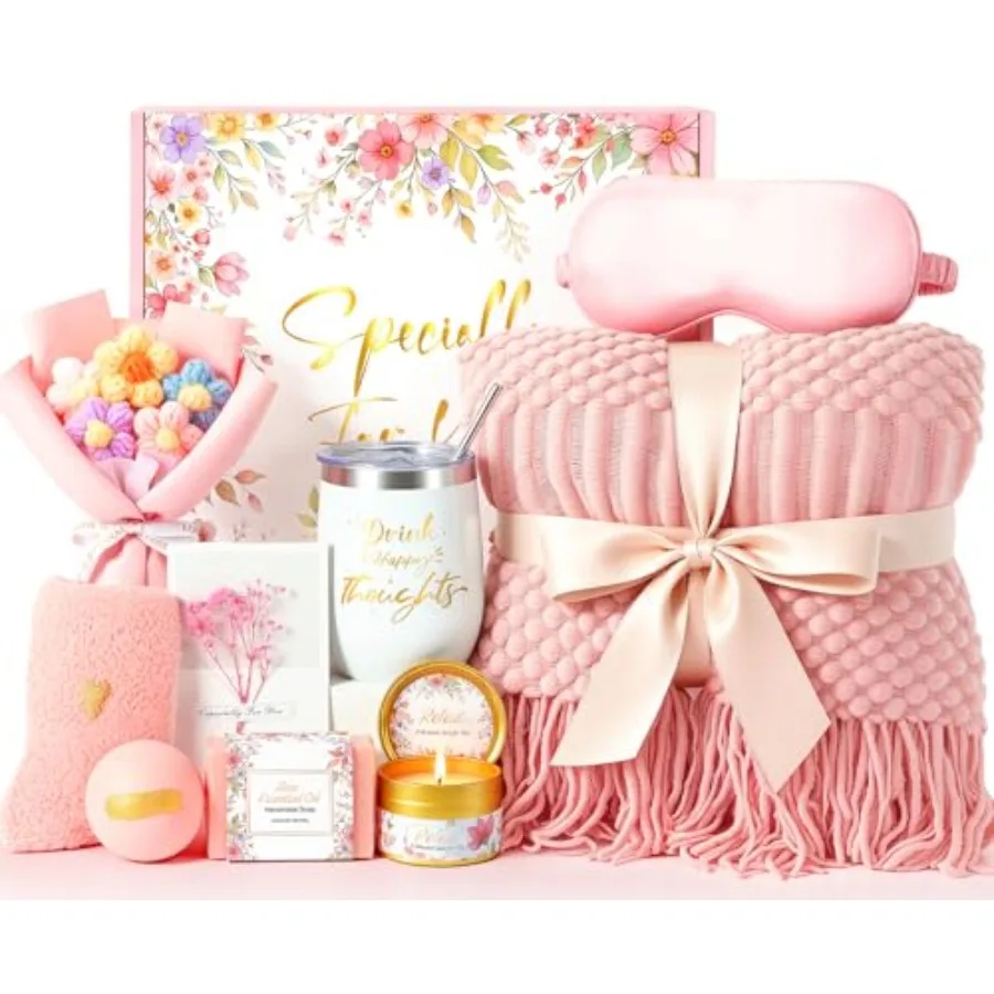 

Birthday Gifts for WomenMothers Day Gifts for Mom Valentines Day Gift for Her Self Care Spa Gift Basket with Blanket Candle Bat