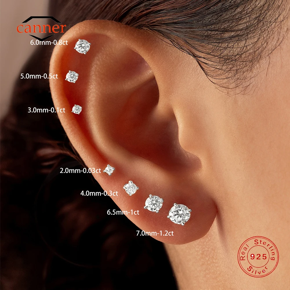 CANNER 0.03-1.2 Carat D Color Moissanite Four Claw Flat Head Piercing Stud Earrings Women 925 Sterling Silver Sparkling Earrings