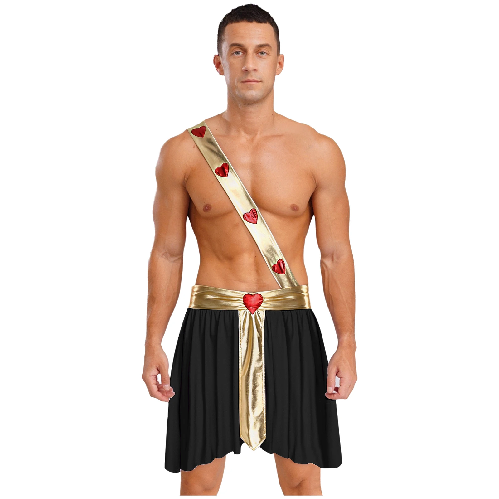 

Men Halloween God of Love Prince Role Play Costume Heart Pattern Asymmetrical Skirt with Metallic Sash And Cuffs for Theme Party