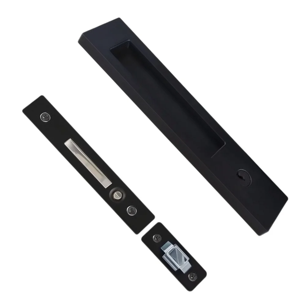 Sliding Pocket Door Lock Set Matte Black Featuring Flush Mounting Edge Pull Component and Hook Latch for Residential Use