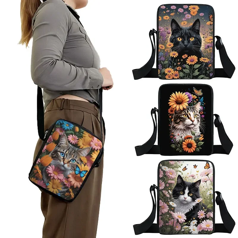 Flores dos desenhos animados Gato Crossbody Bag, Kawaii Gato Preto Lua Bolsas, Suporte do telefone, Estudante Portátil Casual Bookbags Presente