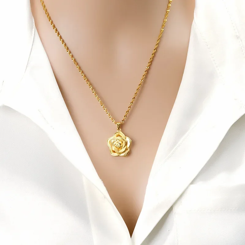 Genuine  Yellow Gold Color Rose Pendant Necklace for Women Necklace Chain Pendant Yellow Gold Valentine's Day Fine Jewelry