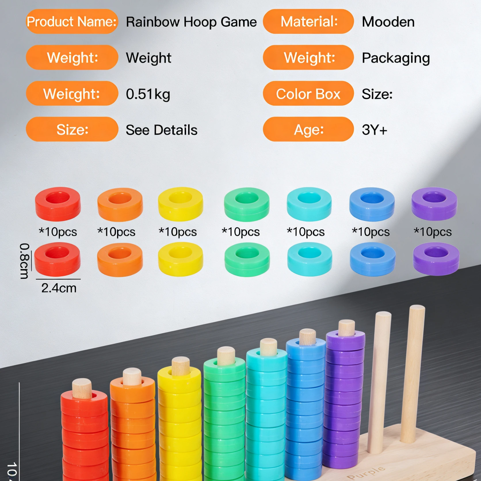 Gioco di lancio dell'anello arcobaleno Giocattolo di classificazione dei colori in legno per bambini Aumenta la coordinazione occhio-mano Percezione del colore attraverso il gioco divertente