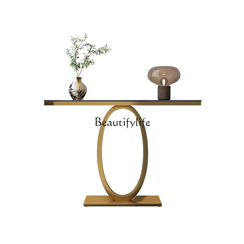 

Entrance table light luxury American style against the wall square stainless steel brushed rock slab ultra-narrow entrance