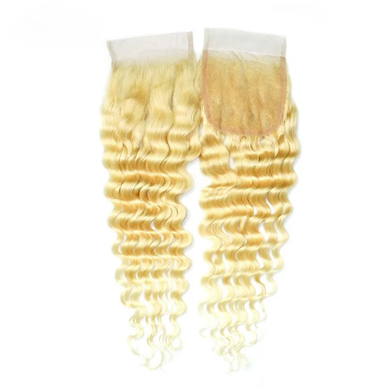 613 Блондинка, глубокая волна, 4x4, кружевная застежка, 10-22 дюйма, плотность 150%, полный конец, предварительно счастная часть, бразильские девственные волосы, предварительно выщипанные