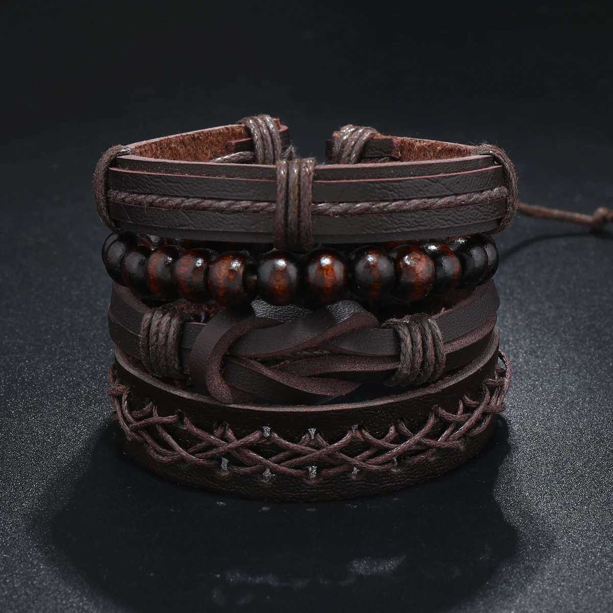 Vintage Leather Bracelet Men Multiple Woven Bracelets with Brown Wood Beads As Decorative Accessories Drawstring Bracelet Gift