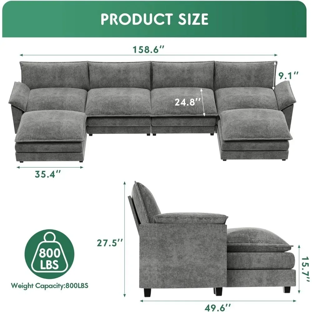 U Shaped Chenille Fabric Couch , with High Supportive & Soft Sponges and Removable Ottoman,Sectional Modular Sofa