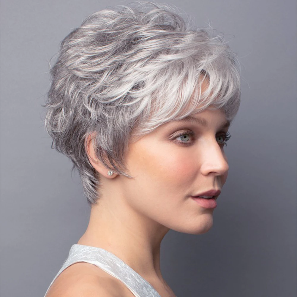 

Short Mixed Silver Grey Synthetic Curly Wig With Bangs For White Women Pixie Cut Wigs For Daily Costume Party Festivals