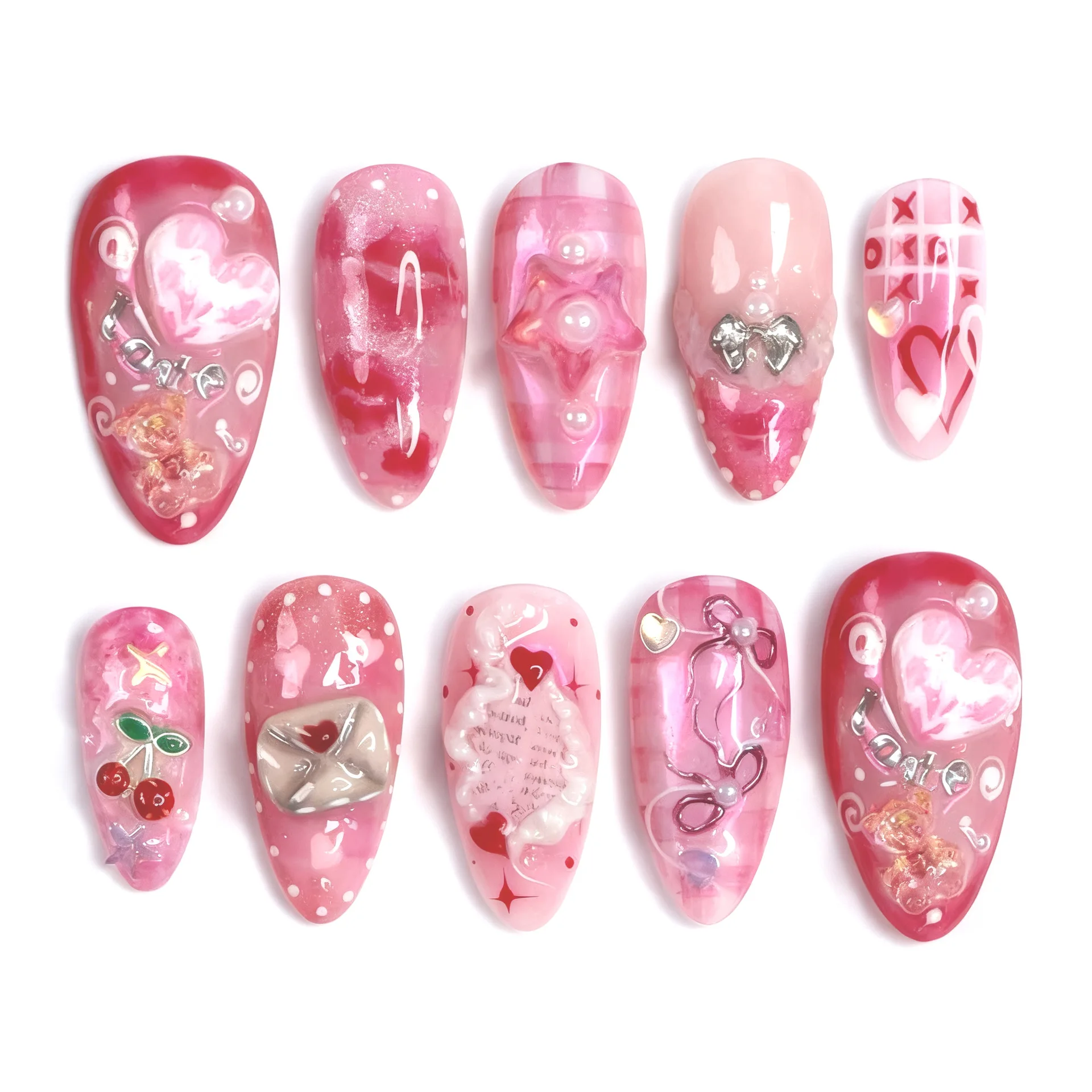 24 Uds. De uñas postizas con forma de corazón, sobre de lazo 3D, longitud media, almendra, uñas postizas, perlas, diamantes de imitación, cubierta completa desmontable, puntas de uñas