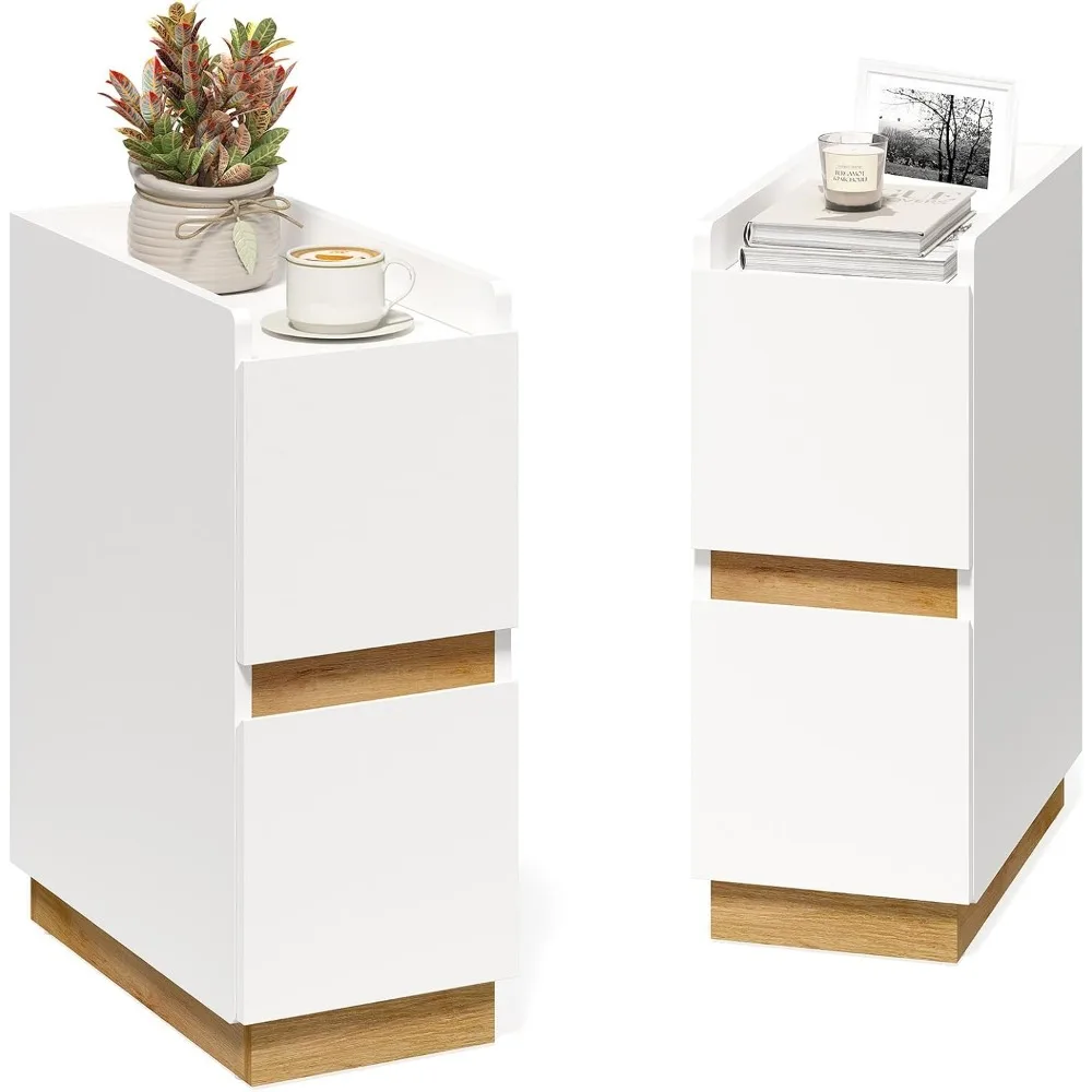 Narrow Night Stands, Modern Slim Nightstand Set of 2, Wooden Skinny Bedside Table 2 Drawers, Stackable Narrow Side Table