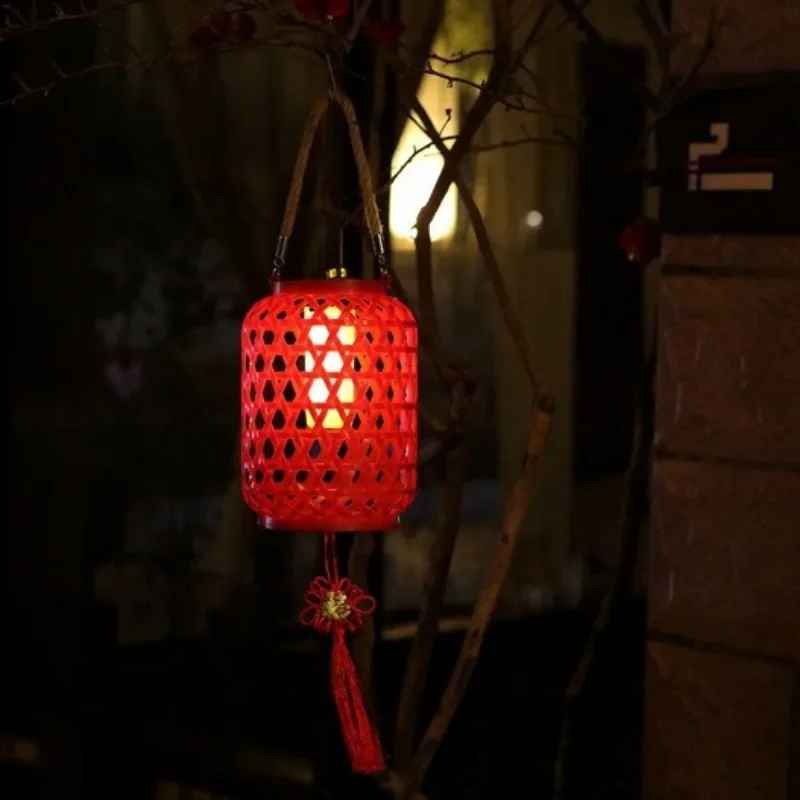 Solar Lantern Spring Festival Decorative Light Imitation Bamboo Red Lantern Garden Light Hanging Tree Portable Landscape Light