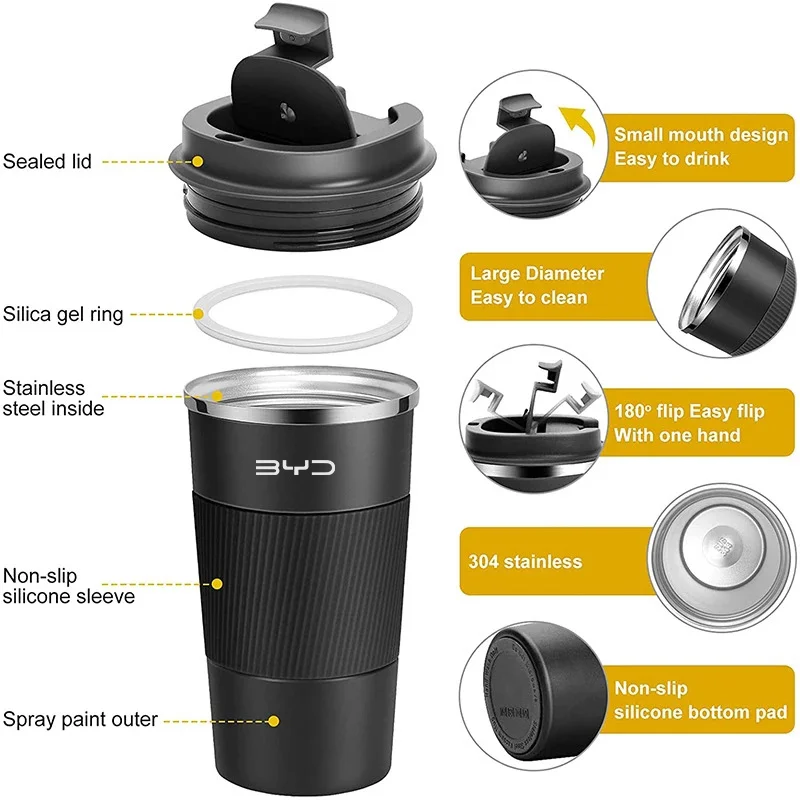 Fotografia 6: Copo de café de aço inoxidável caneca de escritório copos de água do carro para byd atto 3 yuan mais canção mais dmi golfinho selo tang han qin f3 e6 ato