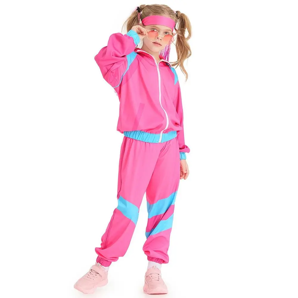 

3Pcs/Set Hippie 80s Tracksuit Carnival Party Spring Disco Dance Sportswear Top Pants Sets Blue Pink Hip Hop Costume