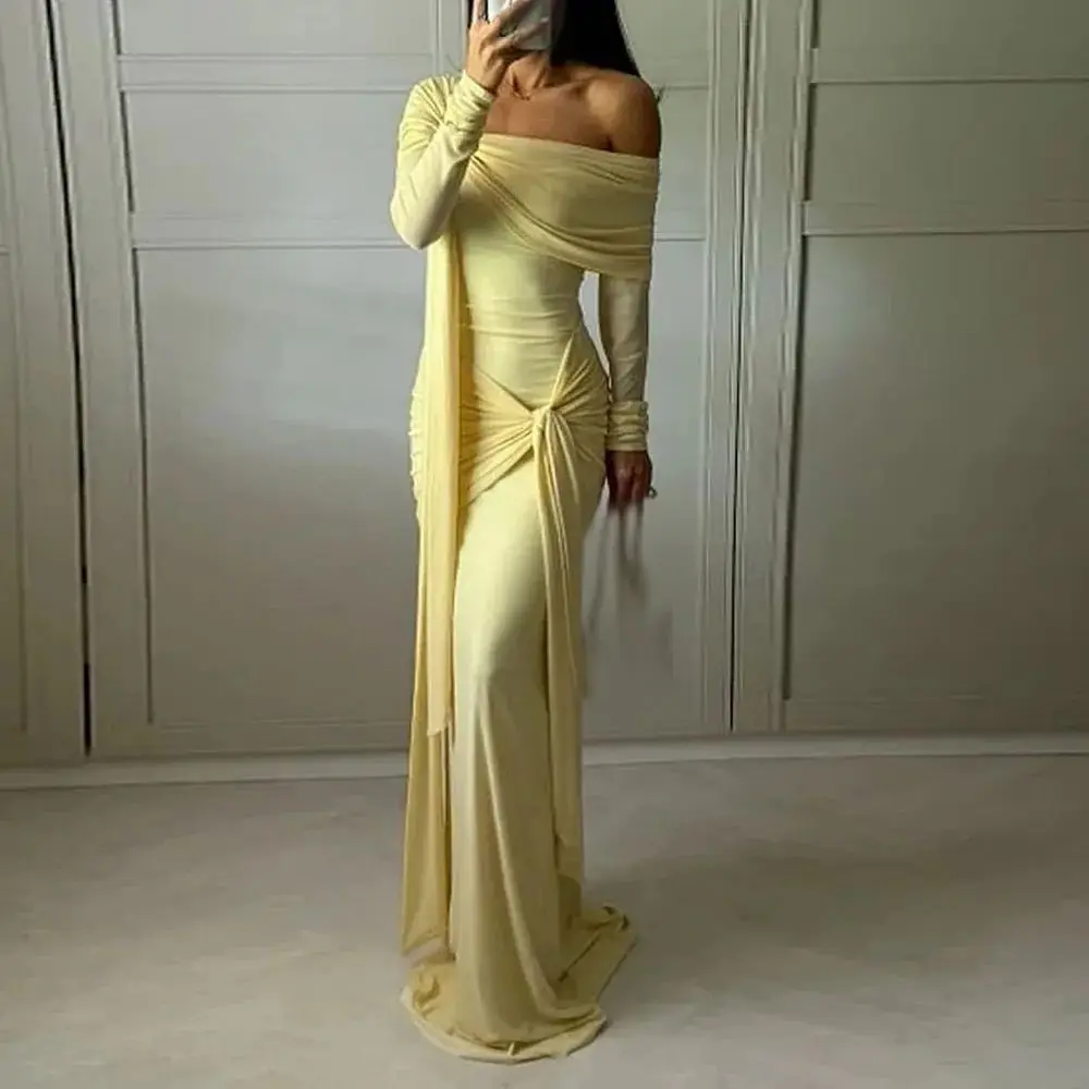 

Customized Straight Prom Dresses Floor-Length One-Shoulder Full Sleeve Evening Gown Simple Fashion Draped Casual Party Gown