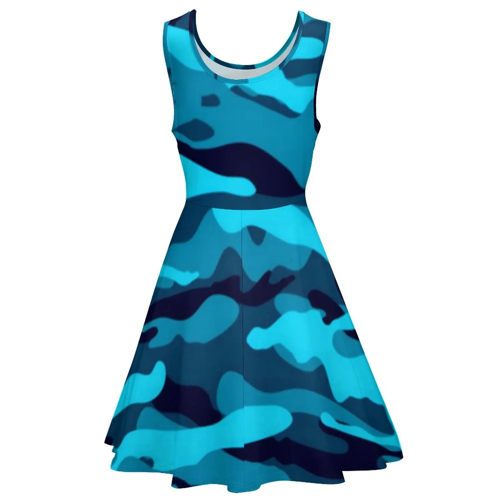 Azul camo impressão vestido sem mangas colorido camuflagem vestidos casuais verão feminino oversized bonito na moda vestido de skate