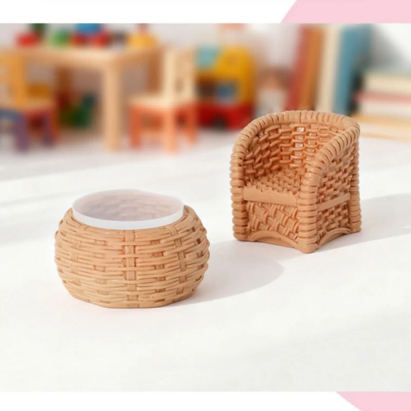 5pcs Dollhouse Mini Furniture Model Simulation Basket Bamboo Chair Table Coffee Frog Rock Chair Decoration Ornament Craft Gift