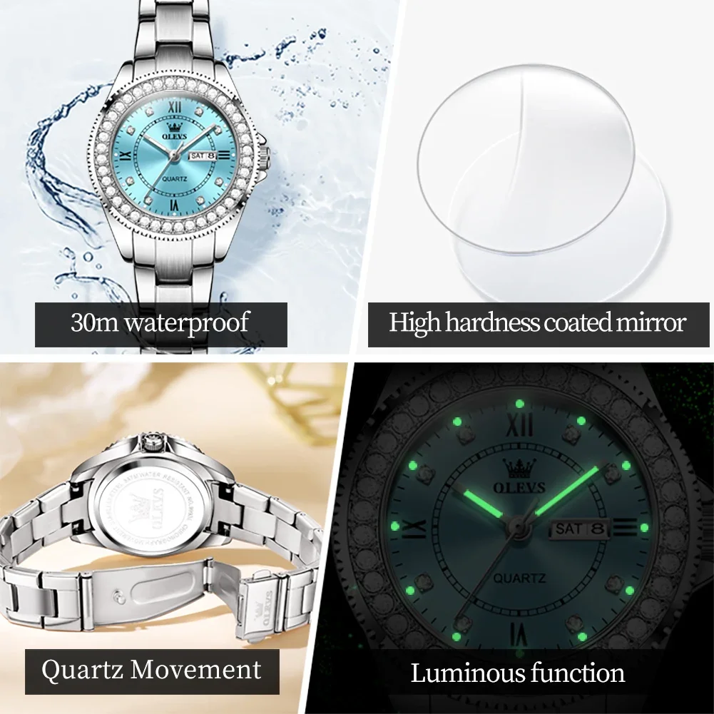 OLEVS Top Brand Fashion Quartz Watch for Women Stainless Steel Waterproof Week Date Diamond Dial Luxury Original Woman Watches