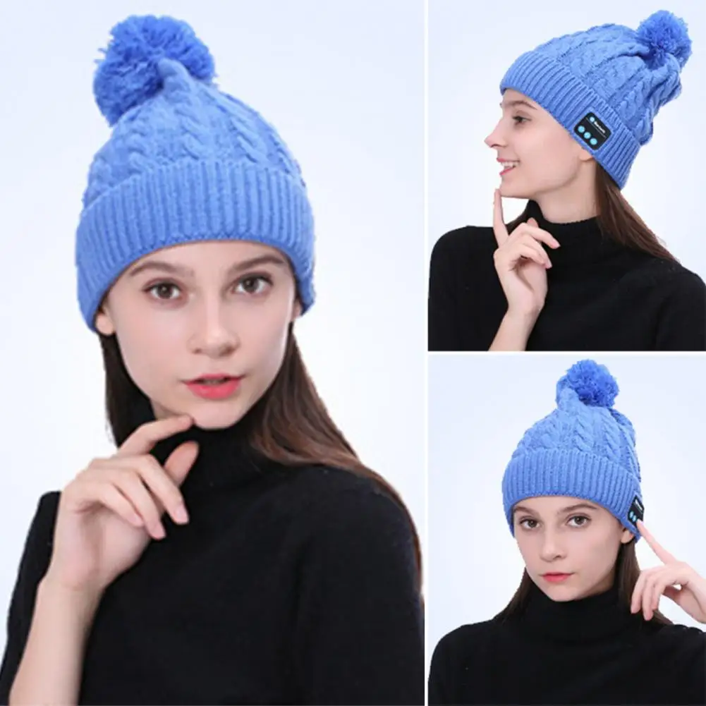 Music Knitting Hat Jogging Headset Beanie Hat Wireless Bluetooth-compatible Knit Hat with Plush Ball Unisex Winter Beanie