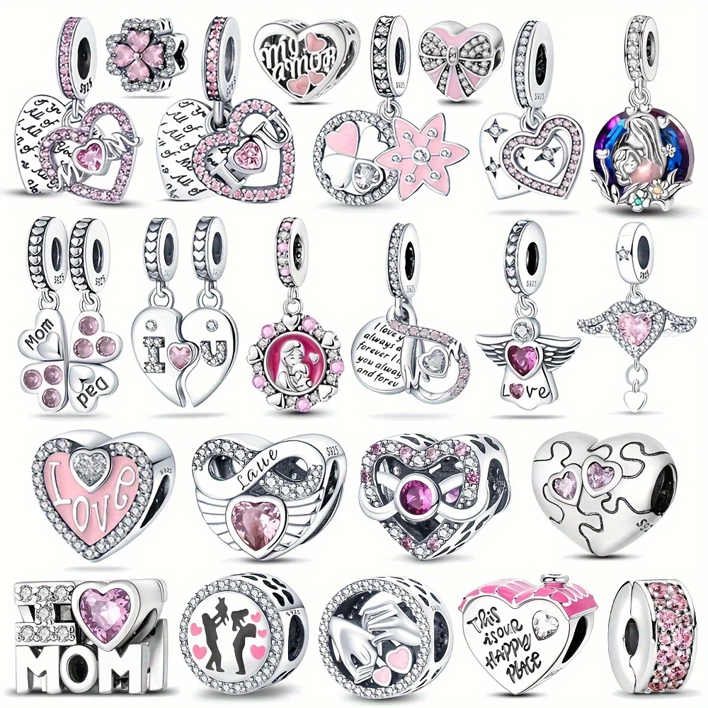 

Real 925 Sterling Silver Pink Series Heart Charms Beads Fit DIY 925 Original Bracelets DIY Mother's Day Jewelry Gift For Mom