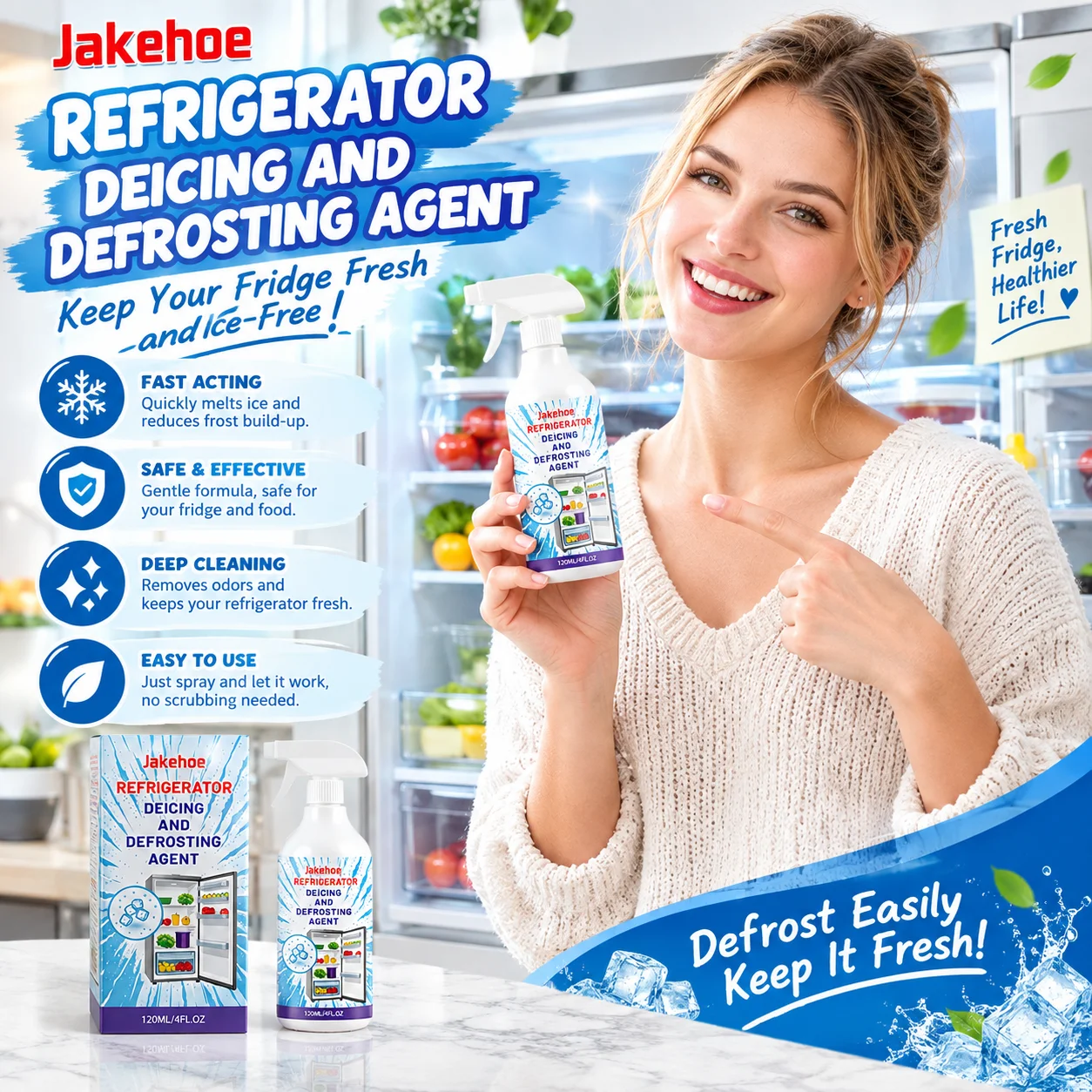 Jakehoe Fridge Defrosting Spray Fast Defrosting Remove Odour Household Multifunctional Freezer Deicing Frost Remover Spray 120ml